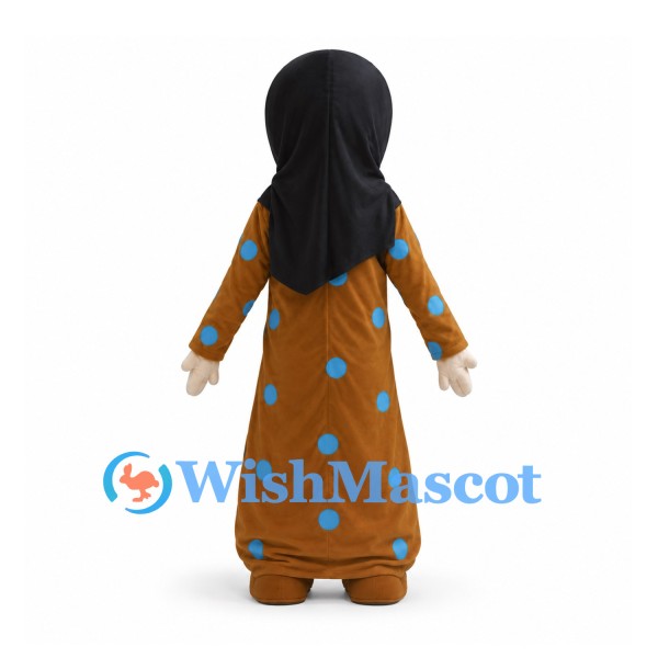 Woman Mascot Costume with Black Headscarf and Brown Polka Dot Outfit