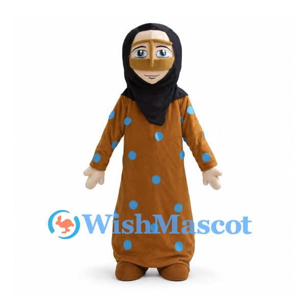 Woman Mascot Costume with Black Headscarf and Brown Polka Dot Outfit
