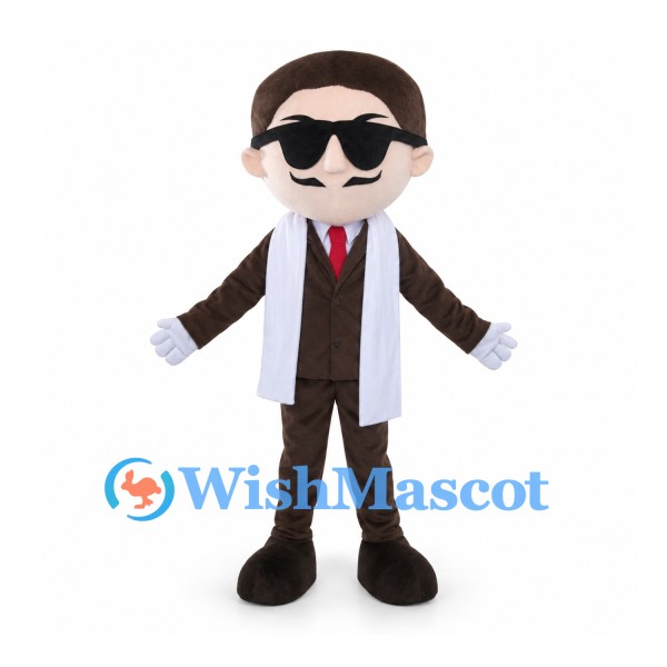 Businessman Mascot Costume with Brown Suit and Sunglasses
