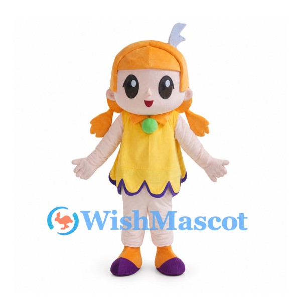 Girl Mascot Costume with Orange Pigtails and Yellow Dress