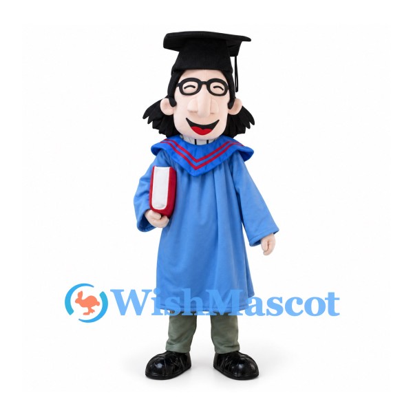 Graduate Mascot Costume with Blue Gown and Black Cap