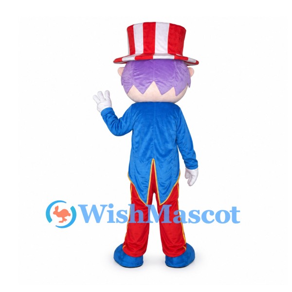Man Mascot Costume with Red Striped Top Hat and Blue Tailcoat