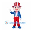 Man Mascot Costume with Red Striped Top Hat and Blue Tailcoat