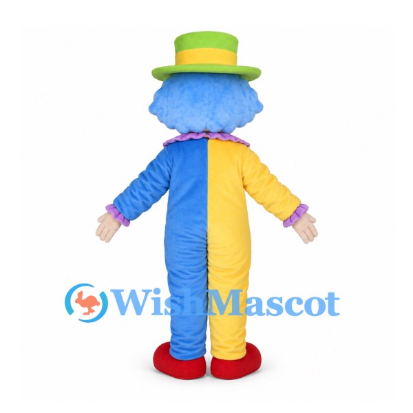 Clown Mascot Costume with Yellow and Blue Suit and Green Hat
