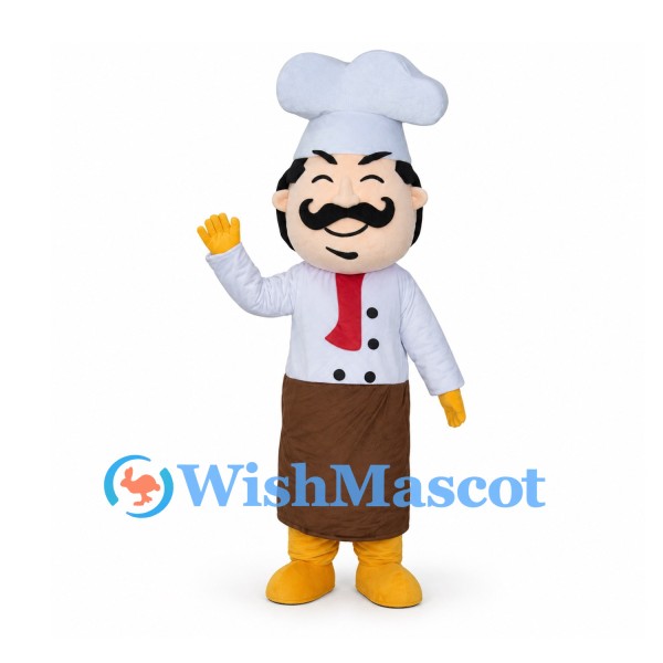 Chef Mascot Costume with White Hat and Brown Apron