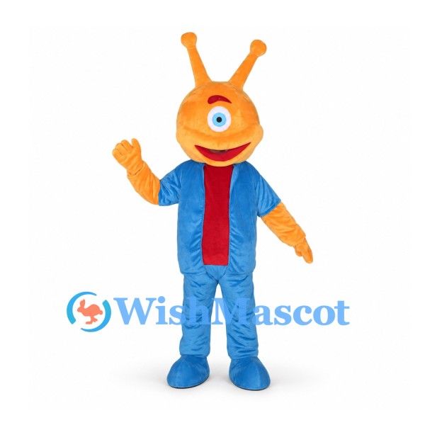 Orange Cyclops Mascot Costume with Blue Shirt and Red Tie
