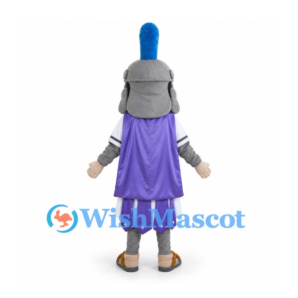 Knight Mascot Costume with Blue Helmet Plume and Purple Cape
