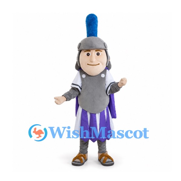 Knight Mascot Costume with Blue Helmet Plume and Purple Cape
