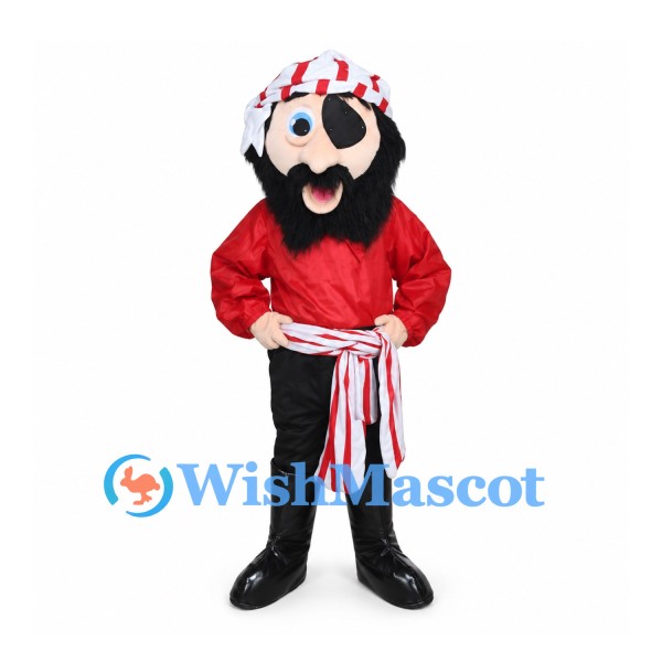 Pirate Mascot Costume with Red Shirt and Striped Bandana