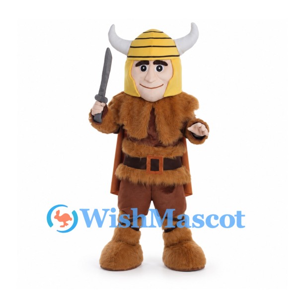 Viking Mascot Costume with Horned Helmet and Brown Cape