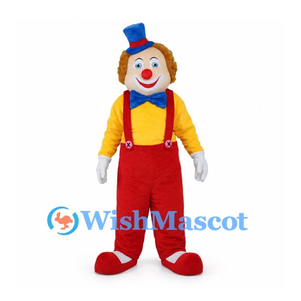 Clown Mascot Costume with Red Overalls and Yellow Shirt