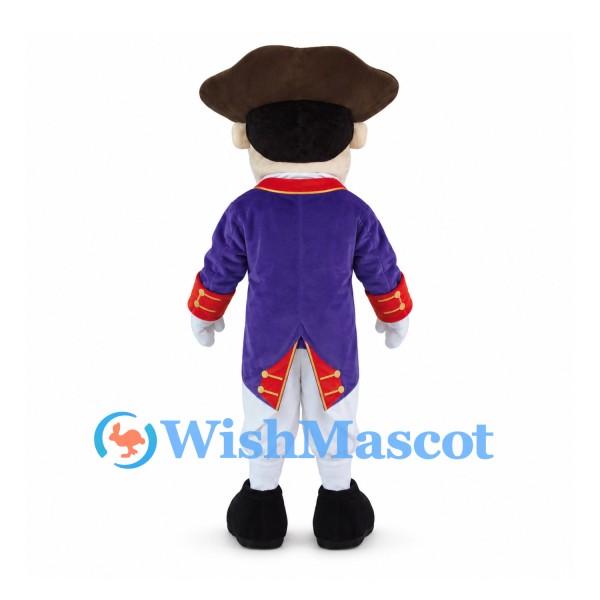 Colonial Man Mascot Costume with Brown Tricorn Hat and Purple Coat