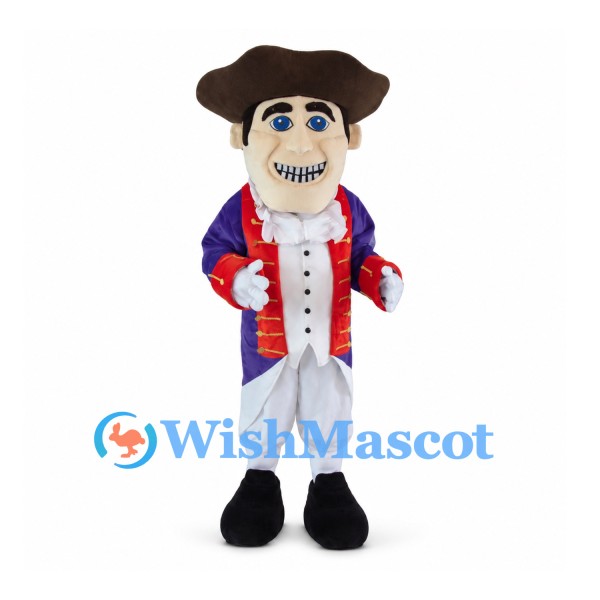 Colonial Man Mascot Costume with Brown Tricorn Hat and Purple Coat