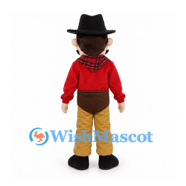 Cowboy Mascot Costume with Black Hat and Red Shirt