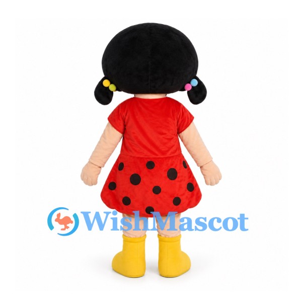 Girl Mascot Costume with Black Pigtails and Red Polka Dot Dress