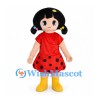 Girl Mascot Costume with Black Pigtails and Red Polka Dot Dress