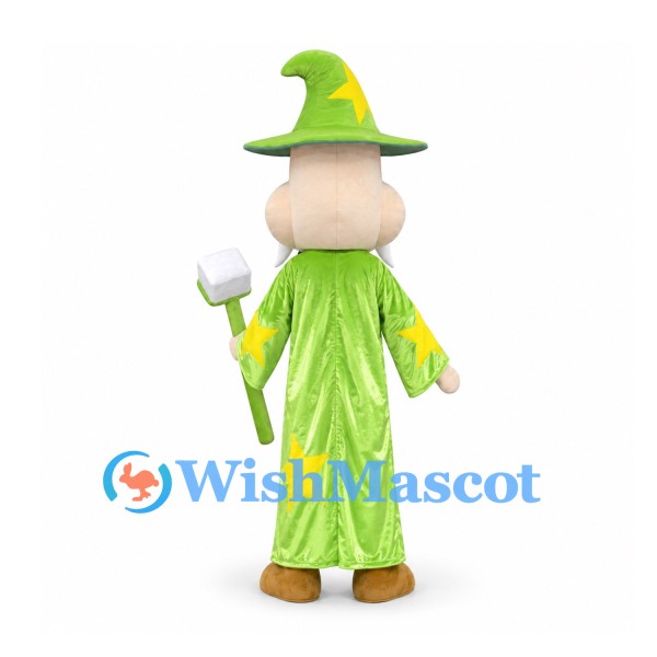 Wizard Mascot Costume with Green Star Robe and Pointed Hat