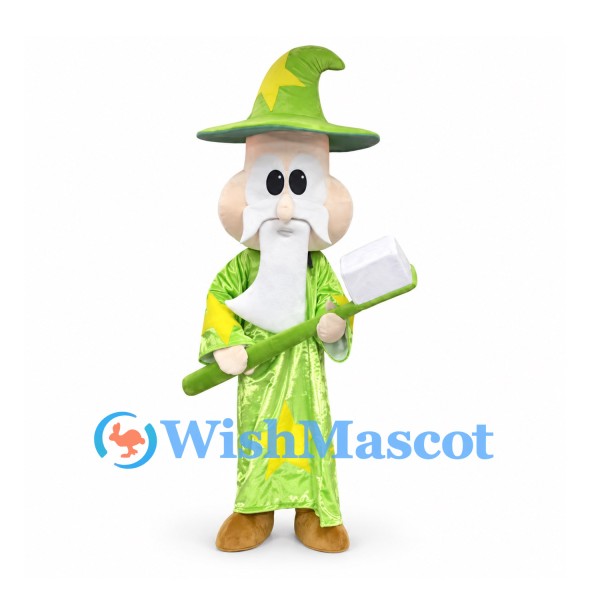 Wizard Mascot Costume with Green Star Robe and Pointed Hat