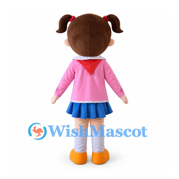 Schoolgirl Mascot Costume with Pink Top and Blue Skirt
