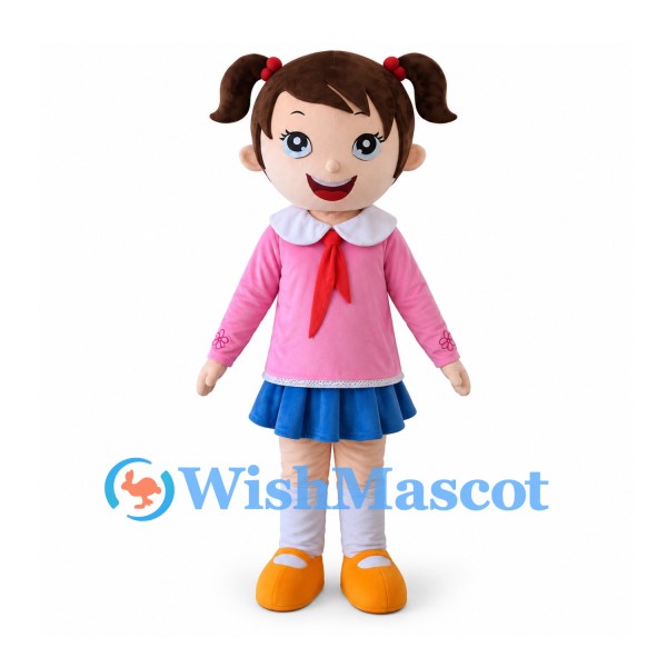 Schoolgirl Mascot Costume with Pink Top and Blue Skirt