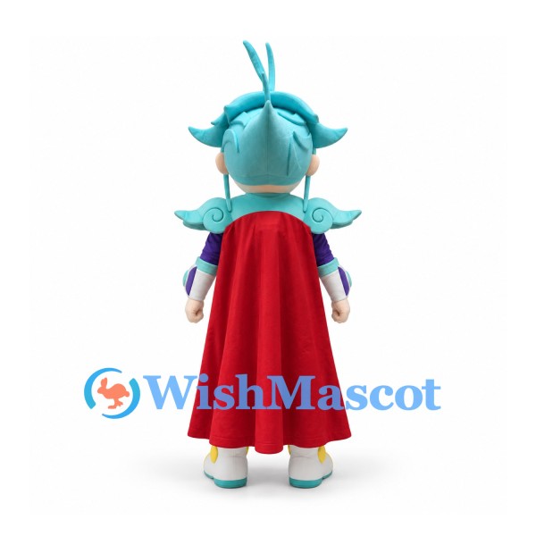 Fantasy Warrior Mascot Costume with Turquoise Hair and Red Cape