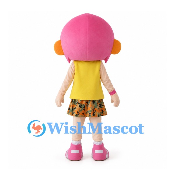 Girl Mascot Costume with Pink Hair and Yellow Top