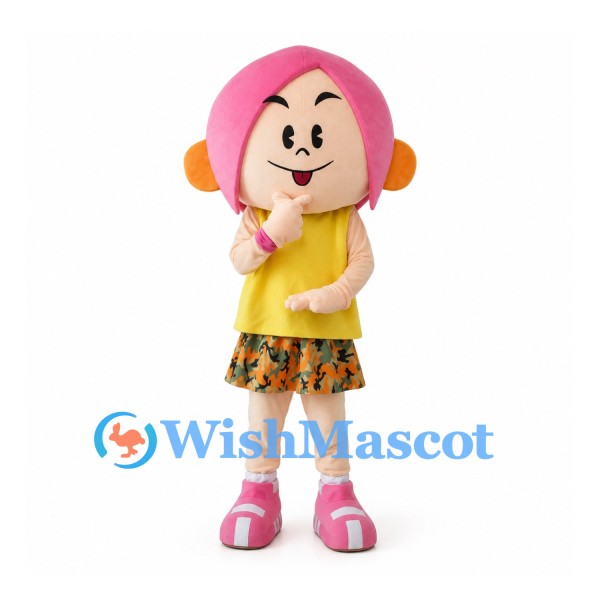 Girl Mascot Costume with Pink Hair and Yellow Top