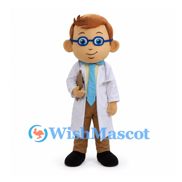 Doctor Mascot Costume with Blue Glasses and White Coat