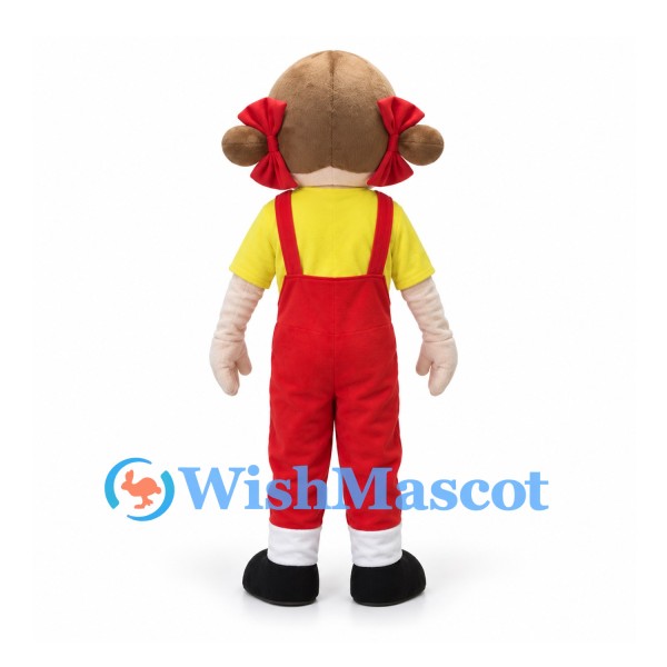Girl Mascot Costume with Red Overalls and Yellow Shirt