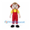 Girl Mascot Costume with Red Overalls and Yellow Shirt