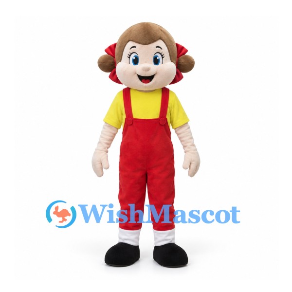 Girl Mascot Costume with Red Overalls and Yellow Shirt