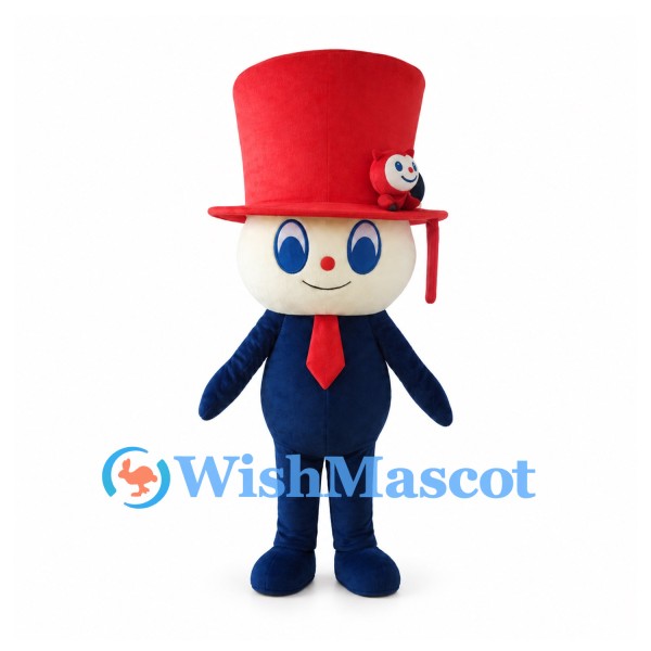 Magician Mascot Costume with Tall Red Hat and Navy Suit