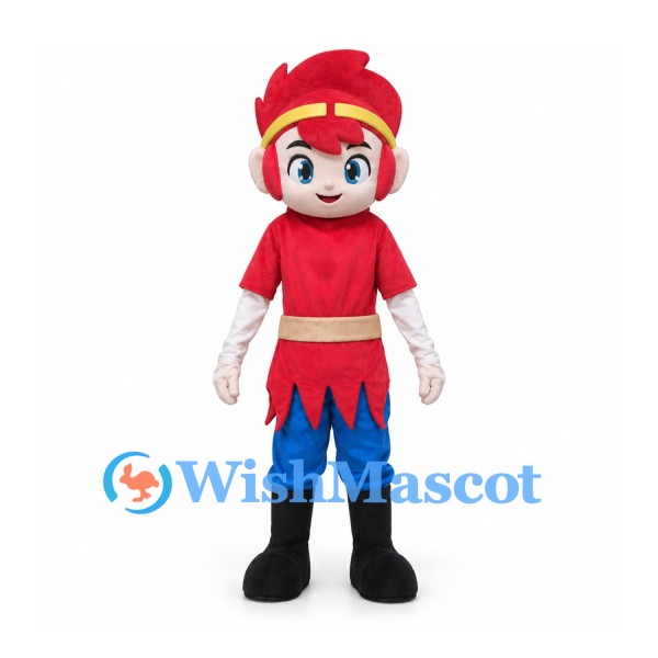 Warrior Mascot Costume with Red Headpiece and Blue Pants