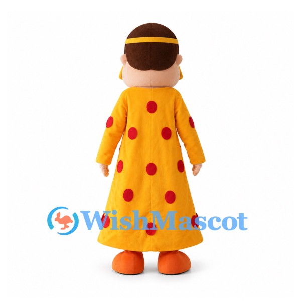 Woman Mascot Costume with Yellow Polka Dot Dress and Round Glasses