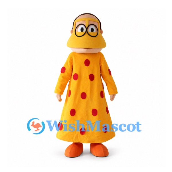Woman Mascot Costume with Yellow Polka Dot Dress and Round Glasses