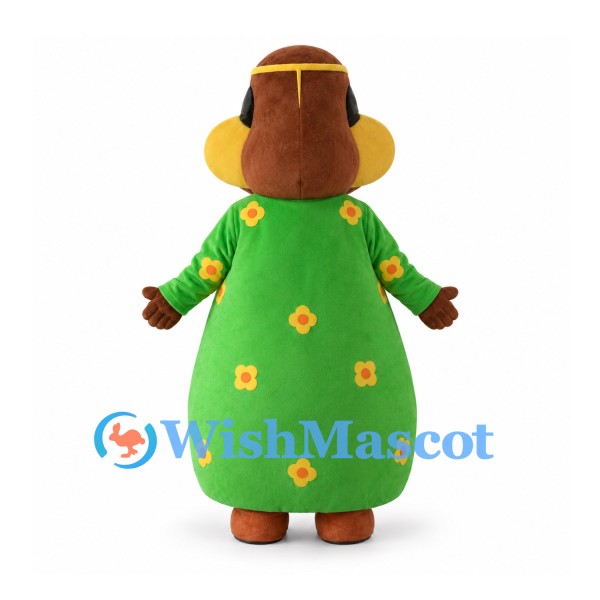 Man Mascot Costume with Green Floral Robe and Yellow Collar