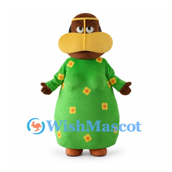 Man Mascot Costume with Green Floral Robe and Yellow Collar