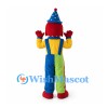 Clown Mascot Costume with Blue Cone Hat and Colorful Overalls
