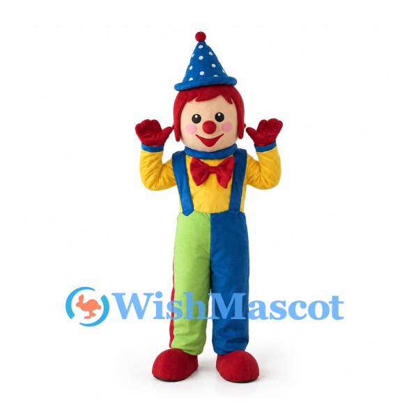 Clown Mascot Costume with Blue Cone Hat and Colorful Overalls