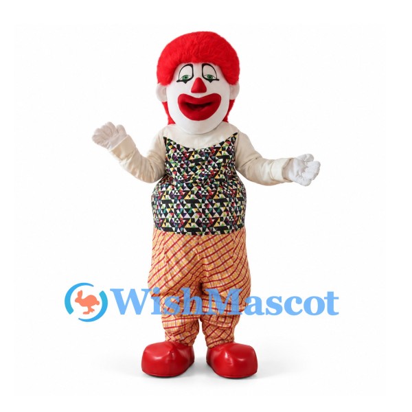 Clown Mascot Costume with Red Hair and Patterned Vest
