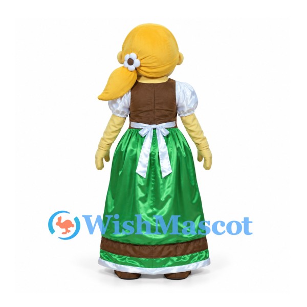 Woman Mascot Costume with Blonde Hair and Green Folk Dress