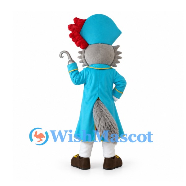 Wolf Mascot Costume with Blue Pirate Coat and Hook Hand