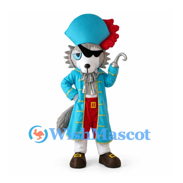 Wolf Mascot Costume with Blue Pirate Coat and Hook Hand