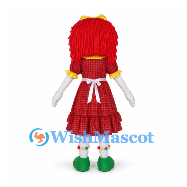 Rag Doll Mascot Costume with Red Yarn Hair and White Apron