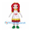 Rag Doll Mascot Costume with Red Yarn Hair and White Apron