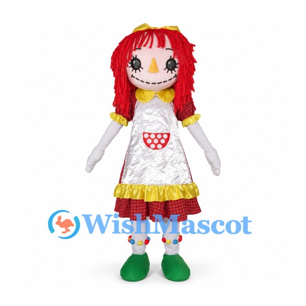 Rag Doll Mascot Costume with Red Yarn Hair and White Apron