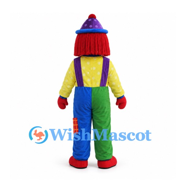 Clown Mascot Costume with Red Hair and Green and Blue Overalls