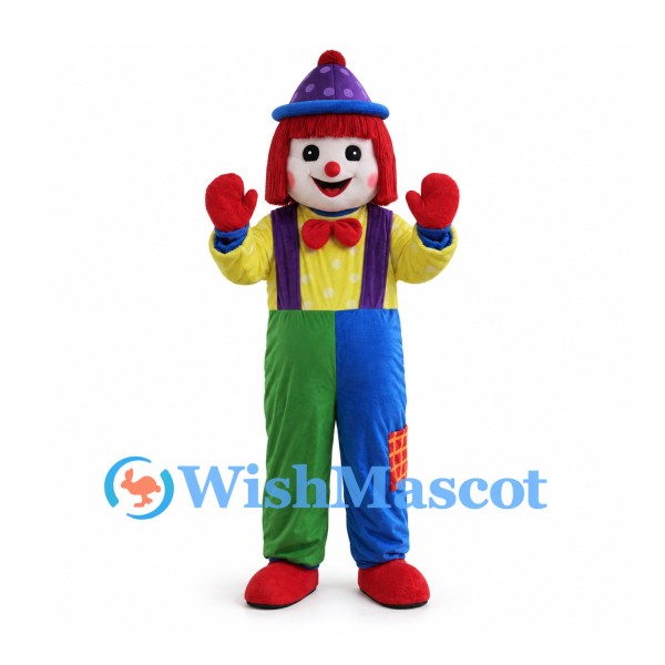 Clown Mascot Costume with Red Hair and Green and Blue Overalls