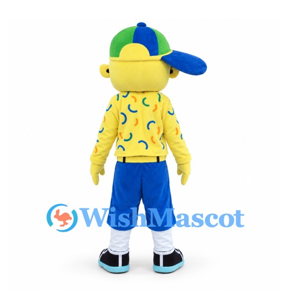 Boy Mascot Costume with Green Cap, Purple Glasses and Yellow Shirt