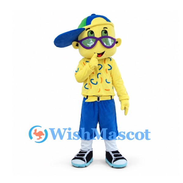 Boy Mascot Costume with Green Cap, Purple Glasses and Yellow Shirt